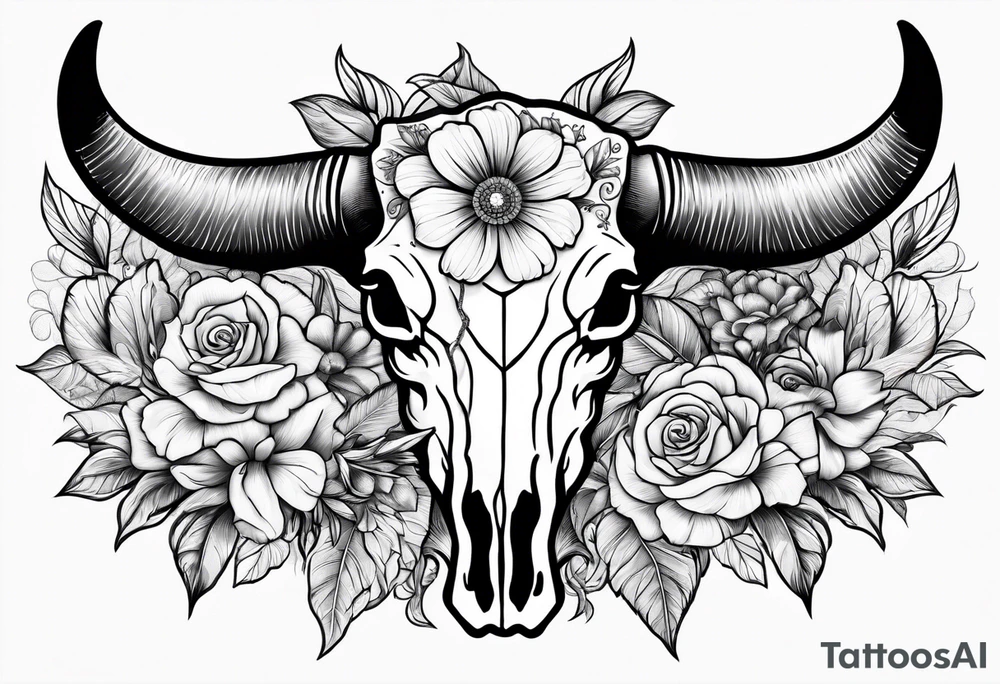 bull skull with flowers tattoo idea