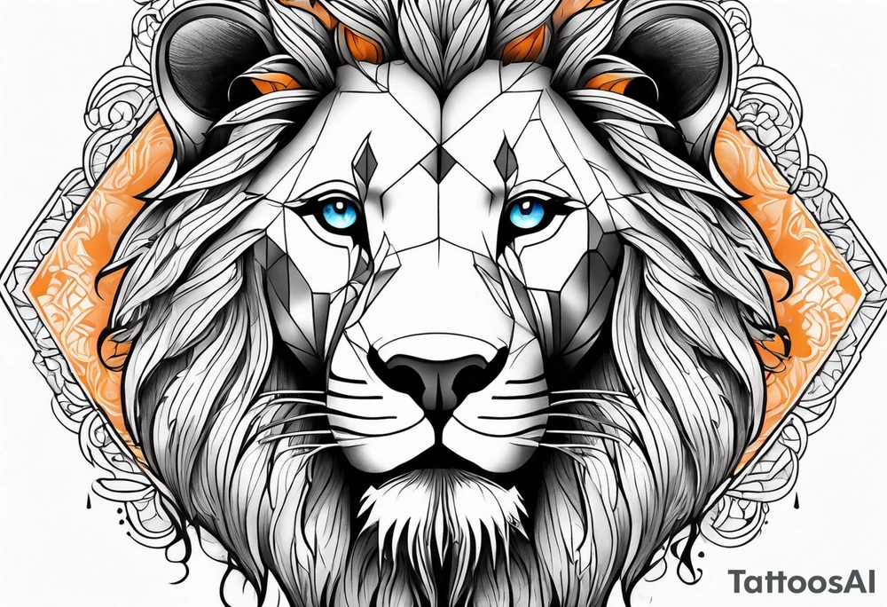 Lion tattoo with blue eyes, Orange tree of life with a stream leading to waterfall tattoo idea