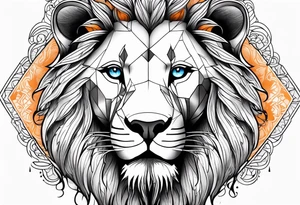 Lion tattoo with blue eyes, Orange tree of life with a stream leading to waterfall tattoo idea
