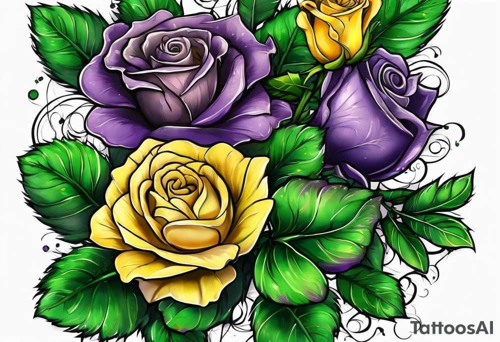 Yellow rose, purple thistle, and green shamrock with lettering KND tattoo idea