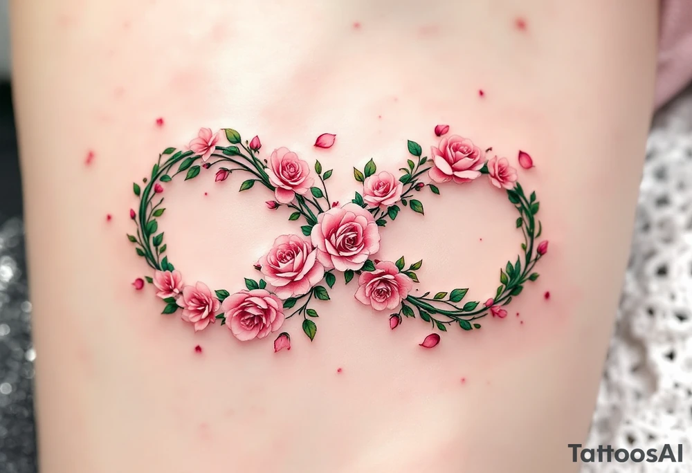 An infinity symbol woven from delicate roses and green vines, with pink petals scattered around. tattoo idea