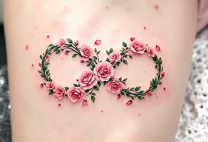 An infinity symbol woven from delicate roses and green vines, with pink petals scattered around. tattoo idea