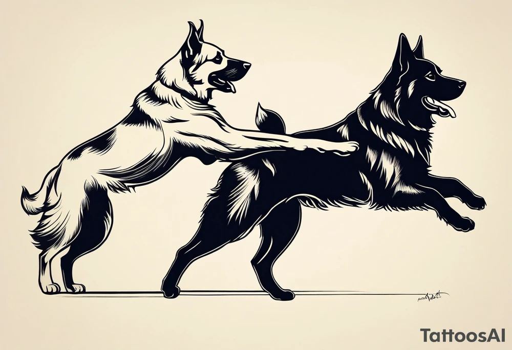 a black German shepherd and a golden retriever fighting tattoo idea