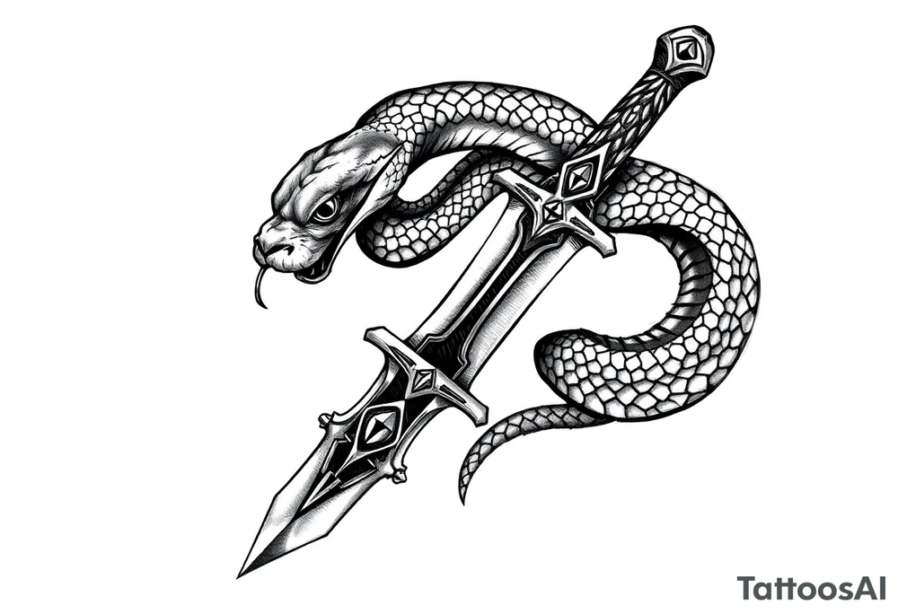mystical snake coiled around an ancient dagger with jeweled hilt tattoo idea