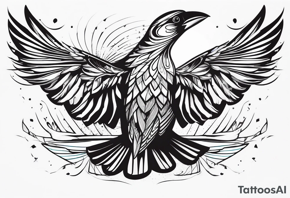 Corbeau en position de vol, avec le nom d'Emma au dessus del ailes tattoo idea