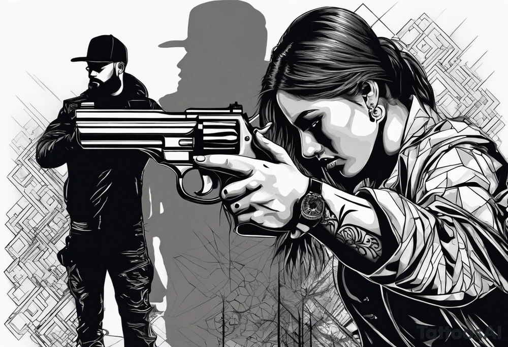 In the reflection of a eye two black siloets of people holding guns one man dead on the ground with a wounded woman standing behind him tattoo idea