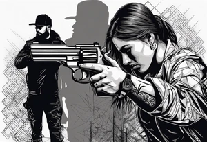 In the reflection of a eye two black siloets of people holding guns one man dead on the ground with a wounded woman standing behind him tattoo idea