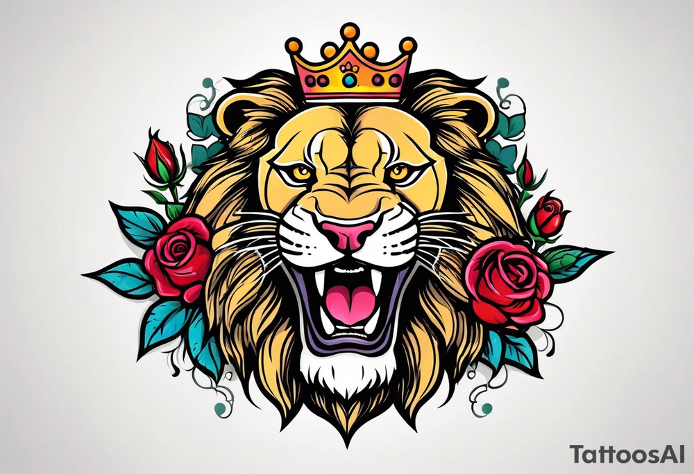Roaring Lion with crown  with roses tattoo idea