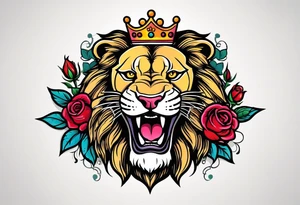 Roaring Lion with crown  with roses tattoo idea