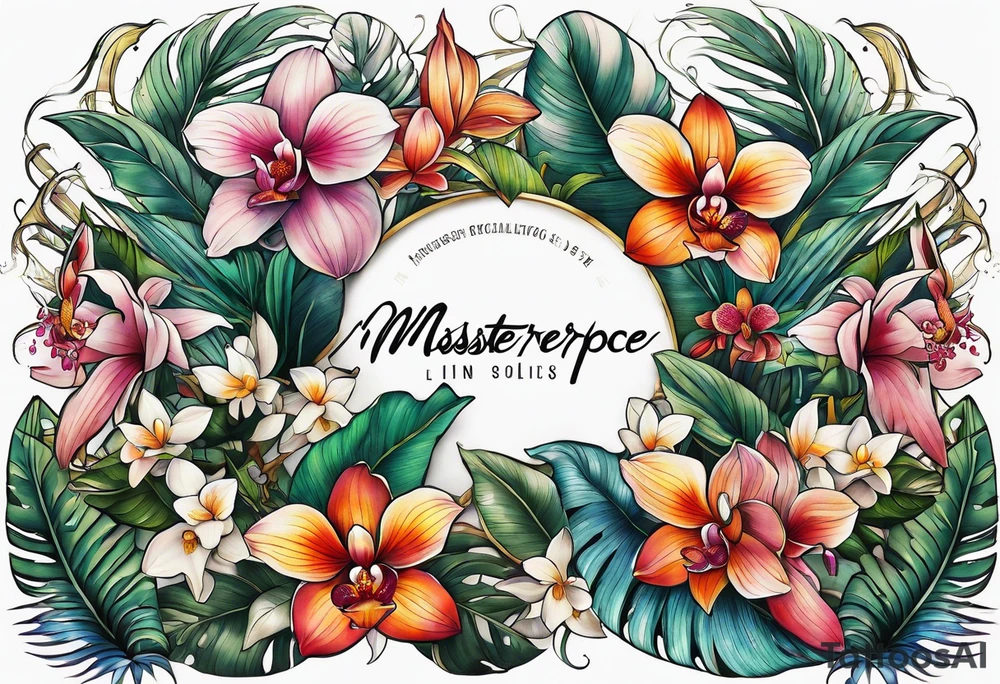Tropical plants and orchids full sleeve tattoo idea