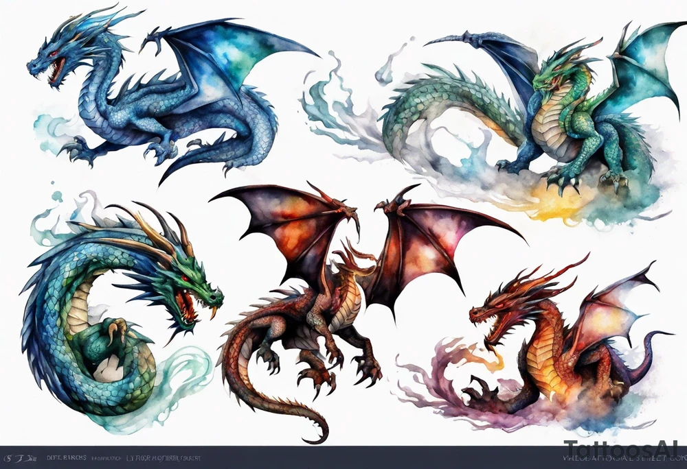 realistic mystic dragons fighting tattoo idea