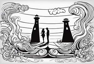2 black shadows of people standing over 2 dead siloets tattoo idea