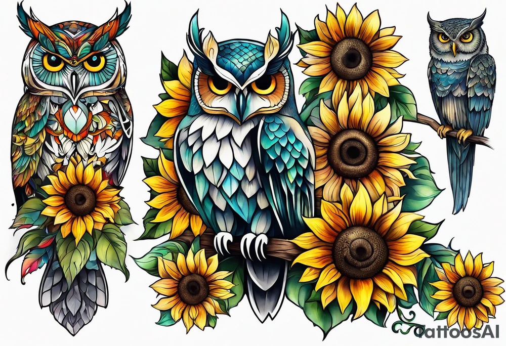 Leg sleeve with colorful sunflowers and an owl tattoo idea