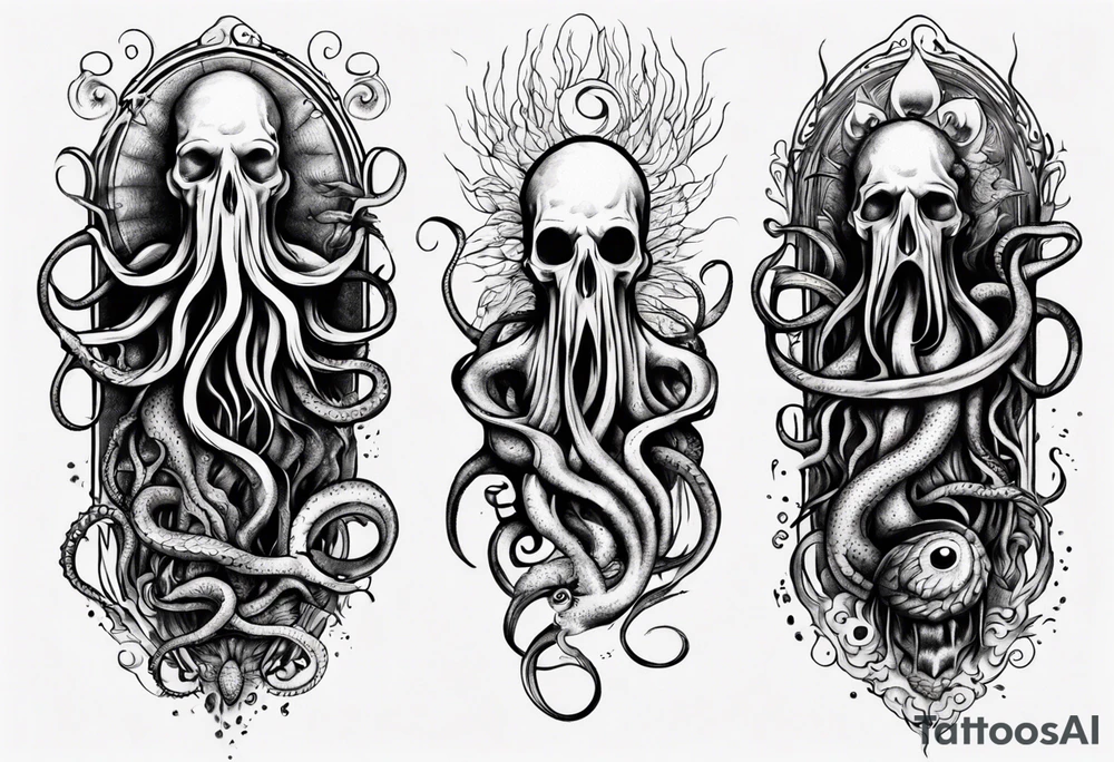 lovecraft long tattoo to put on the forearm, with eye and tentacle tattoo idea