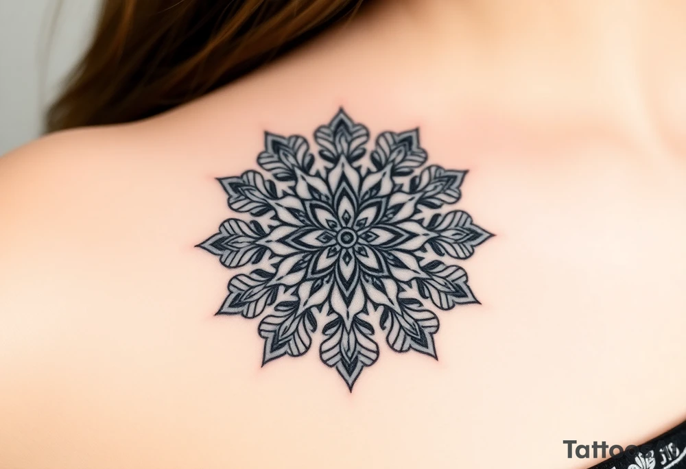 A detailed mandala style tattoo with a 5-petal Symbolic placement for each family member. Two bottom petals for my husband and I at the base, intertwined floral patterns like mirrored vines or spiral paisleys representing our identical twins, and another petal for my oldest son. Details like the Gemini zodiac symbol,  feminine-yet-bold linework, Detailed dotwork, linework, and geometric accents around each petal, Interconnected elements to reflect family unity tattoo idea