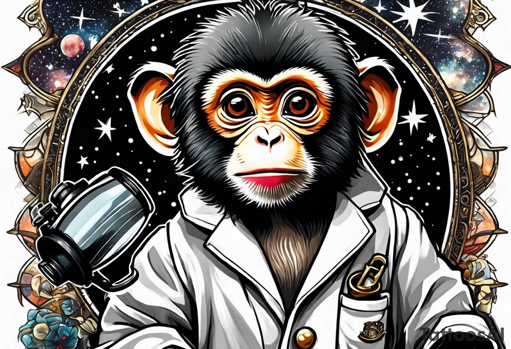 Small baby monkey in a lab coat looking up at the stars through a telescope tattoo idea