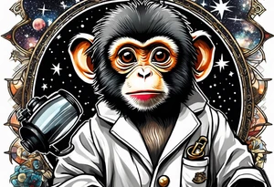 Small baby monkey in a lab coat looking up at the stars through a telescope tattoo idea