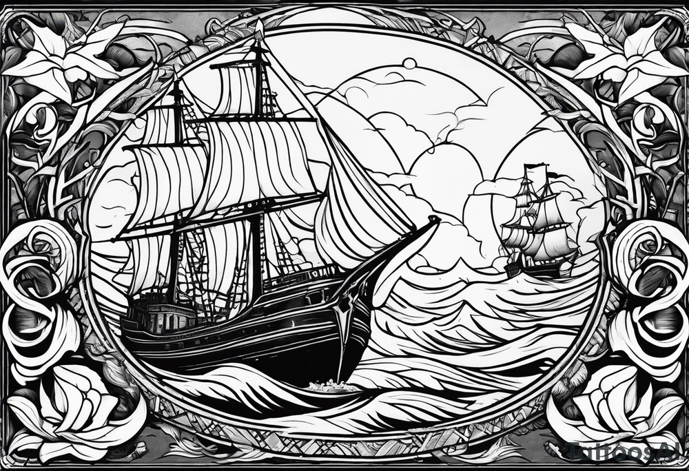 A American traditional tattoo style ship sinking with a mermaid on the right holding a rope and the mermaid on the left holding a dagger tattoo idea
