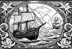 A American traditional tattoo style ship sinking with a mermaid on the right holding a rope and the mermaid on the left holding a dagger tattoo idea