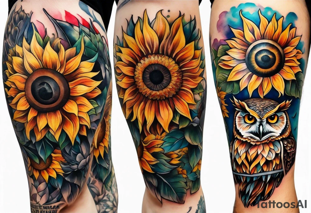 Leg sleeve with colorful sunflowers and an owl tattoo idea