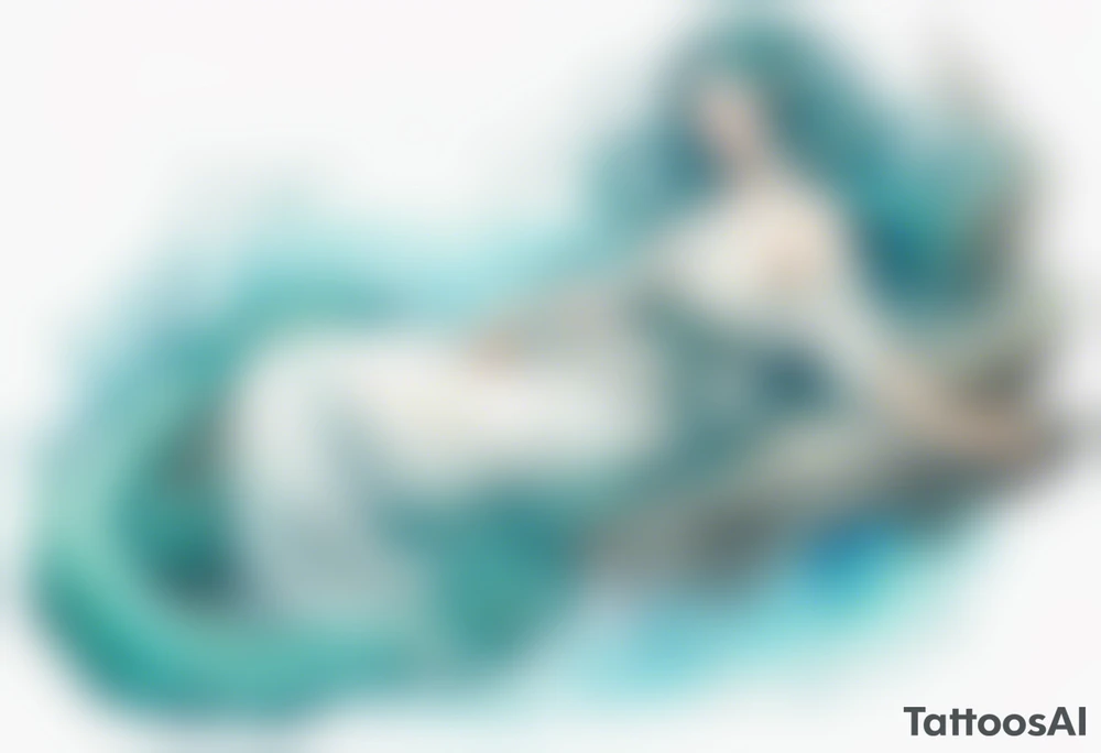 A beautiful undine with turquois scales wearing a white robe, laying on the shore tattoo idea