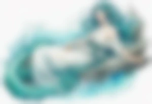 A beautiful undine with turquois scales wearing a white robe, laying on the shore tattoo idea