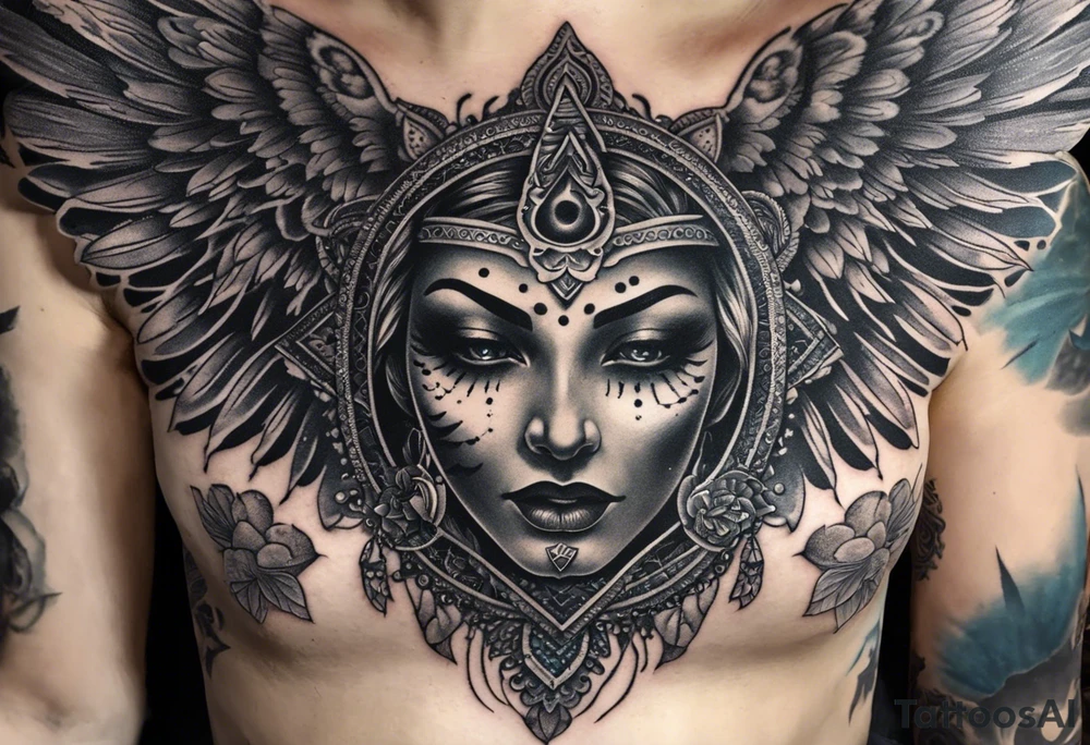 black kali, goddess pirate, alien, angel, pachamama, valkrye, warrior, flying, skull, lotus azul, wing, eagle, zenza resonance, stars, 5D, anahata chakra, death, durga, riding on a tiger, flying lady, kundalini, chest tatoo, rebel tattoo idea