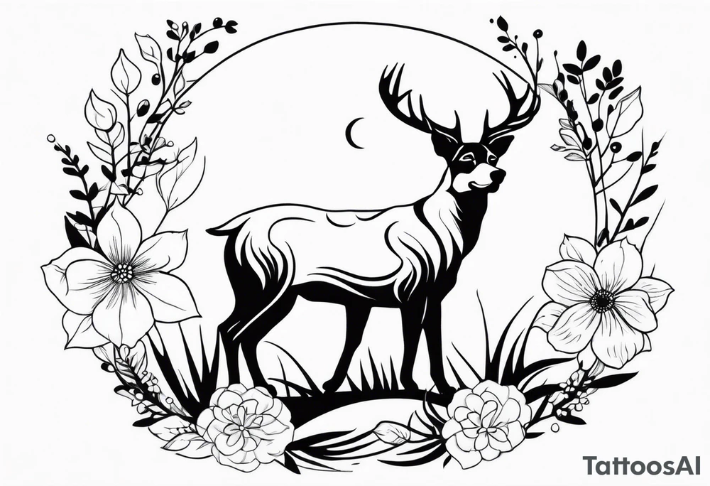 Hunting dog an deer next to each other, circle around the tattoo with flowers tattoo idea