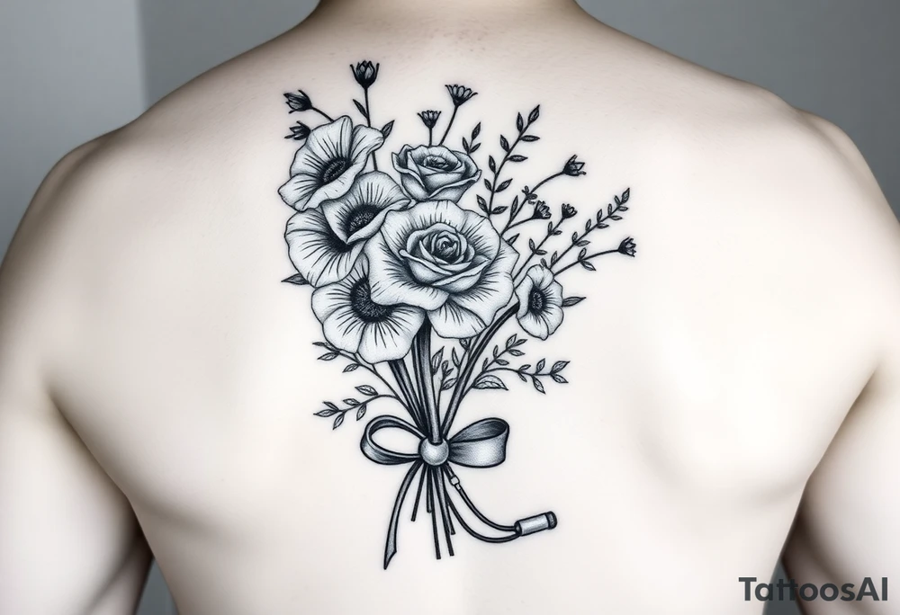 6 inches tall by 4 inches wide approximately, black and white tattoo with a bouquet of hollyhocks, one wild rose, and two wild flowers, put a stethoscope along side seperately from and include the name June Etta, Roxy, and Rosalie among the flowers , make the tattoo taller than it is wide, make the bouquet have a ribbon bow towards the bottom holding the flowers like they had just been picked from the garden tattoo idea