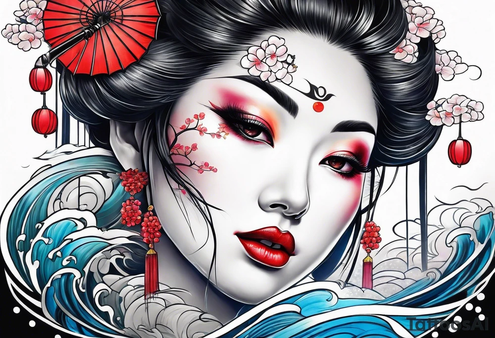 geisha girl that turns into a Japanese waterfall tattoo idea