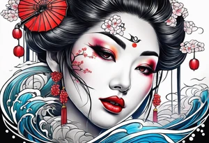 geisha girl that turns into a Japanese waterfall tattoo idea