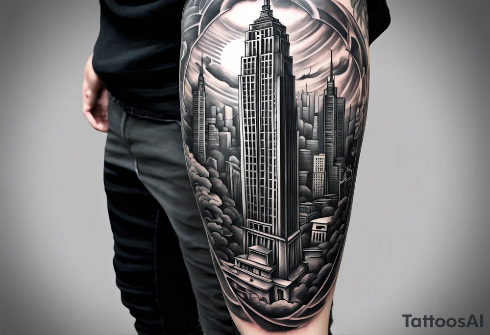 City with tall building leg sleeve tattoo idea