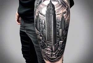 City with tall building leg sleeve tattoo idea