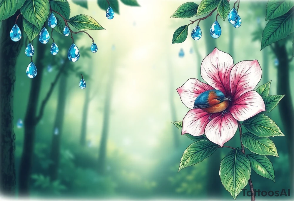 green forest background
blue rain drops
pink camelia flower
blue brown wren bird tattoo idea