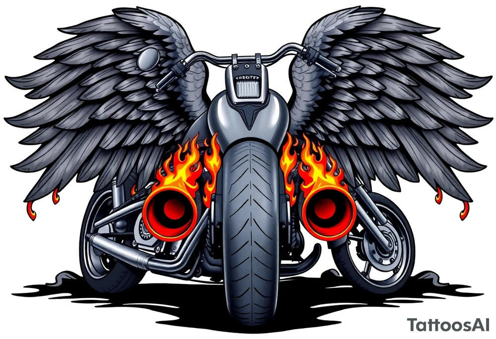 Low rider grey motorcycle, big muffler pipes with flames, angel wings tattoo idea