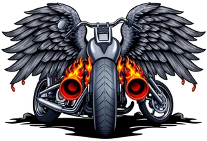 Low rider grey motorcycle, big muffler pipes with flames, angel wings tattoo idea