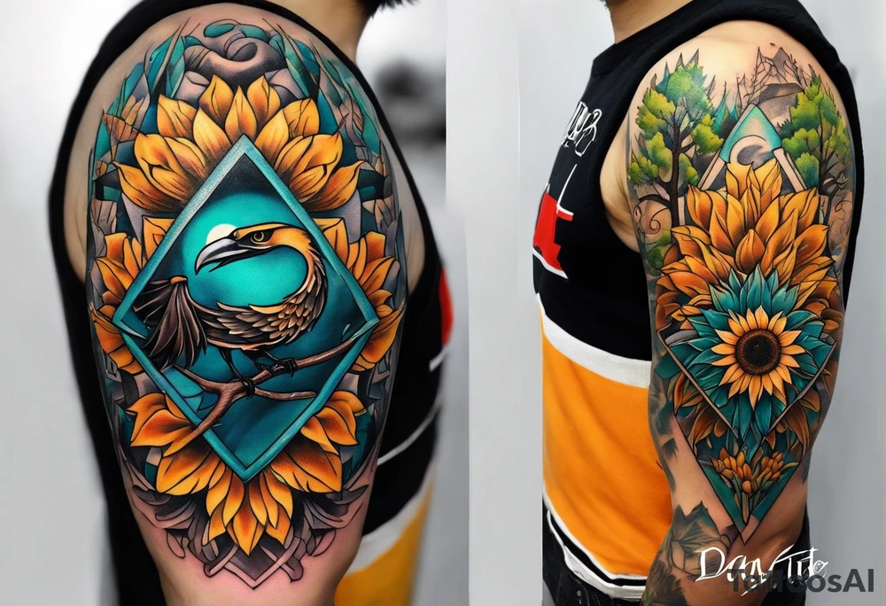 Small inside arm tattoo. Black kite (Daya's name), nature (trees/sea), rock/metal vibe, small sunflower. tattoo idea