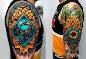 Small inside arm tattoo. Black kite (Daya's name), nature (trees/sea), rock/metal vibe, small sunflower. tattoo idea