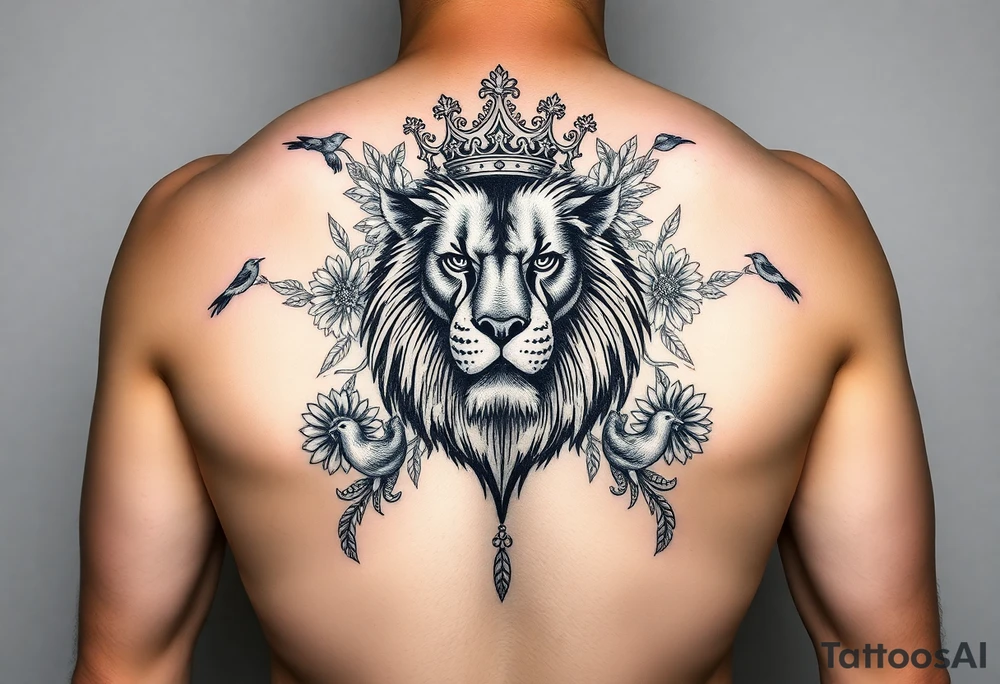 powerful majestic lion with a crown, surrounded by floral ornaments and birds tattoo idea