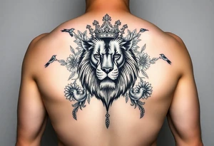 powerful majestic lion with a crown, surrounded by floral ornaments and birds tattoo idea