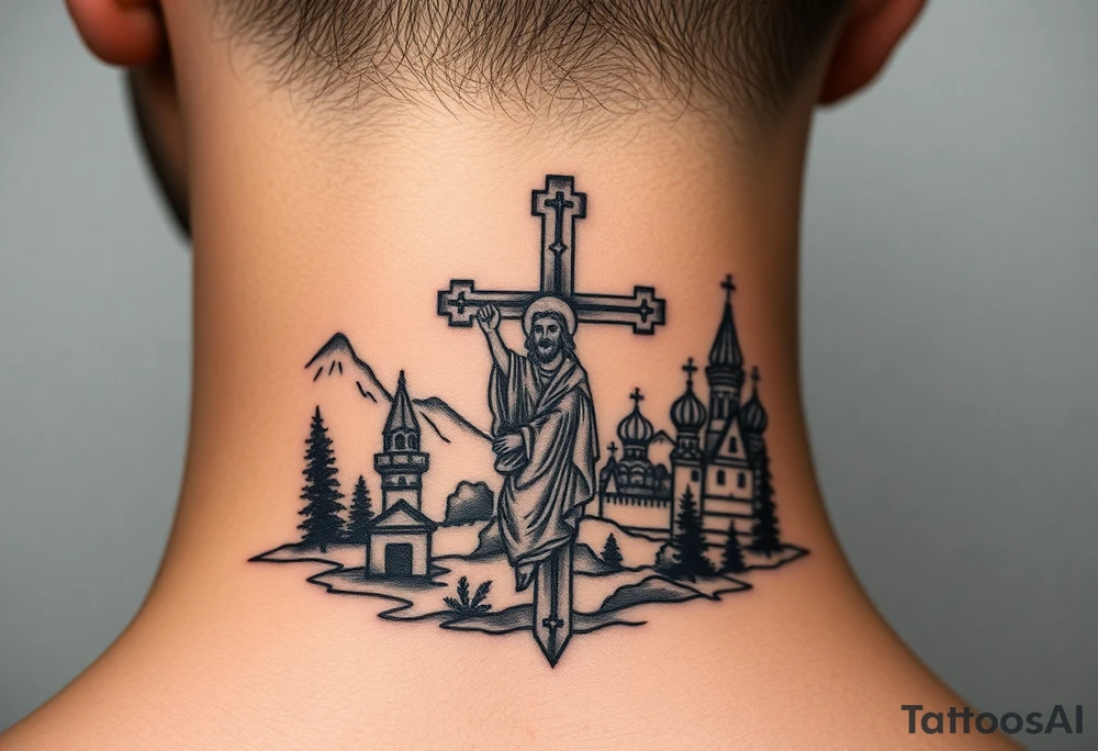 Traditional orthodox ICXC Christian cross with an orthodox portrait Jesus Christ on the cross in a wilderness Russian Kremlin setting tattoo idea