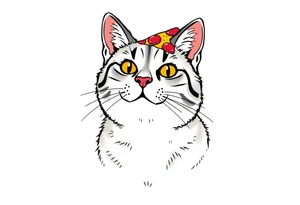 fat grey tabby cat portrait with pizza slice on its head tattoo idea