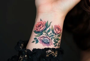 Floral wristband with name "Simon" and numbers 12.2.2022 v 8:08 hidden within petals in dusty rose and olive green. tattoo idea