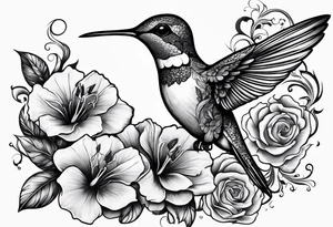 hummingbird, skull, flower, storm clouds tattoo idea