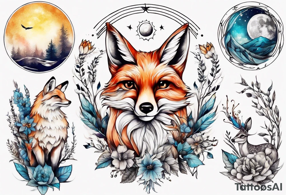wasser sonne und mond fuchs eule kolibri wald hirsch blume des lebens tattoo idea