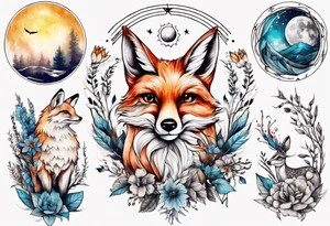 wasser sonne und mond fuchs eule kolibri wald hirsch blume des lebens tattoo idea