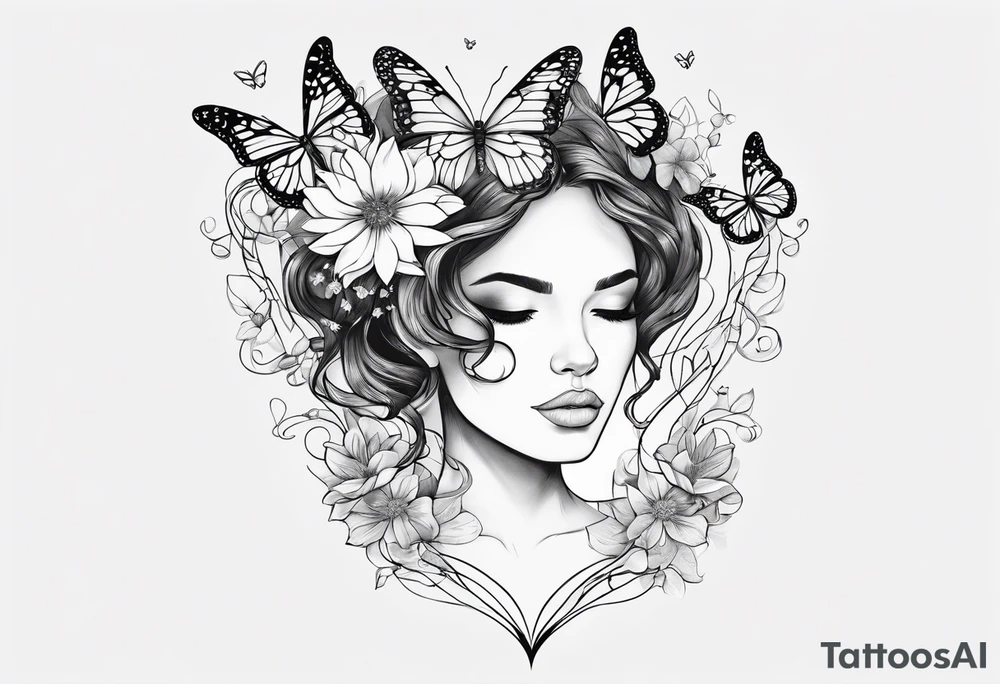 Out line of a woman from below her head holding a heart with flowers sprouting from the top of the heart into her head and butterflies flying around the flowers tattoo idea