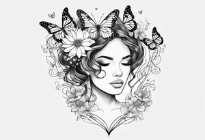 Out line of a woman from below her head holding a heart with flowers sprouting from the top of the heart into her head and butterflies flying around the flowers tattoo idea