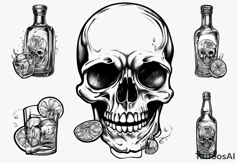 A smiling looking to the left scull inside the glass with alcohol and piece of lime tattoo idea