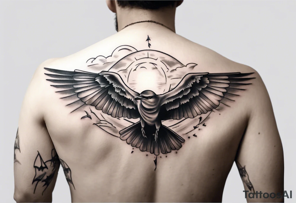 a shoulder tattoo with lots of rays of light in gradient starting from the middle
, clouds and birds flying free tattoo idea